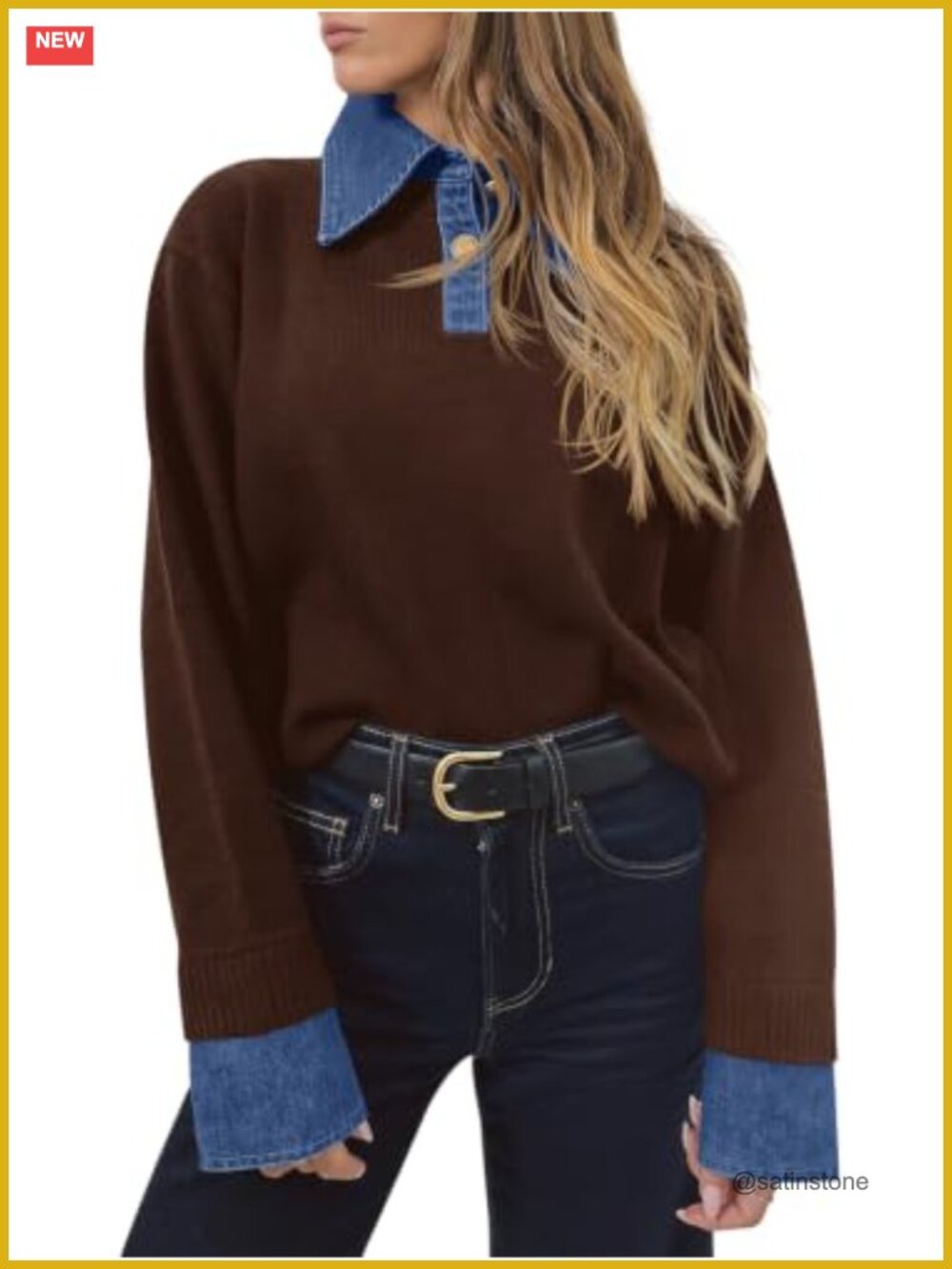 Womens Denim Patchwork V Neck Polo Pullover Sweater